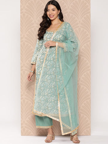 Varanga Women Printed Straight Kurta Paired With Tonal Solid Bottom And Solid Dupatta